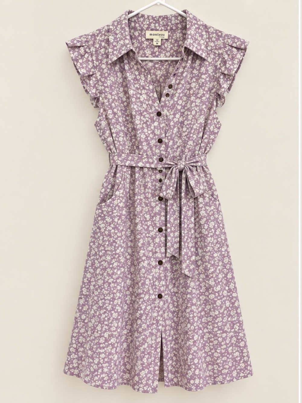Monteau Lavender Floral Button Front Belted Shirtdress Size M